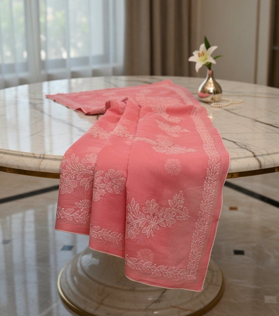 pink colour cotton saree with hand embroidered chikankari saree by famaza couture