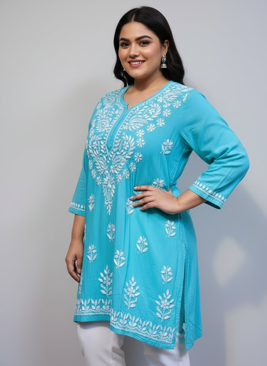 plus size Turquoise colour chikankari short length kurti