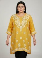 plus size yellow colour chikankari short length kurti