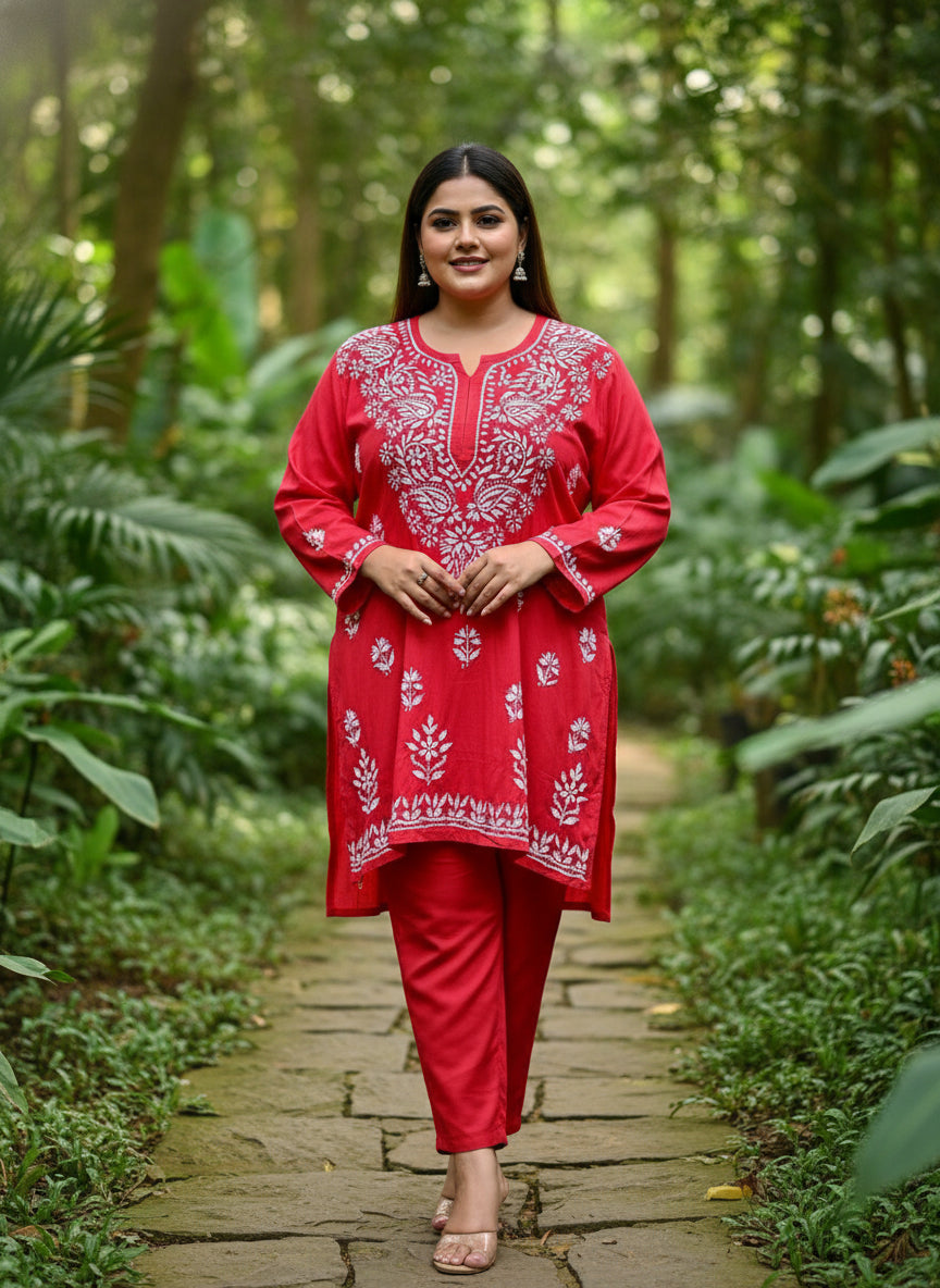 plus size red colour chikankari short length kurti