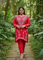 plus size red colour chikankari short length kurti