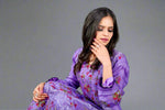 Purple Pakistani embroidered suit set with close-up of sleeve side view