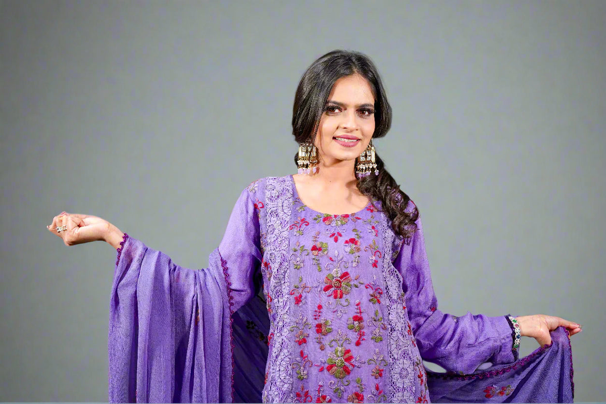 Purple Pakistani embroidered suit set with close-up of upper floral embroidery details