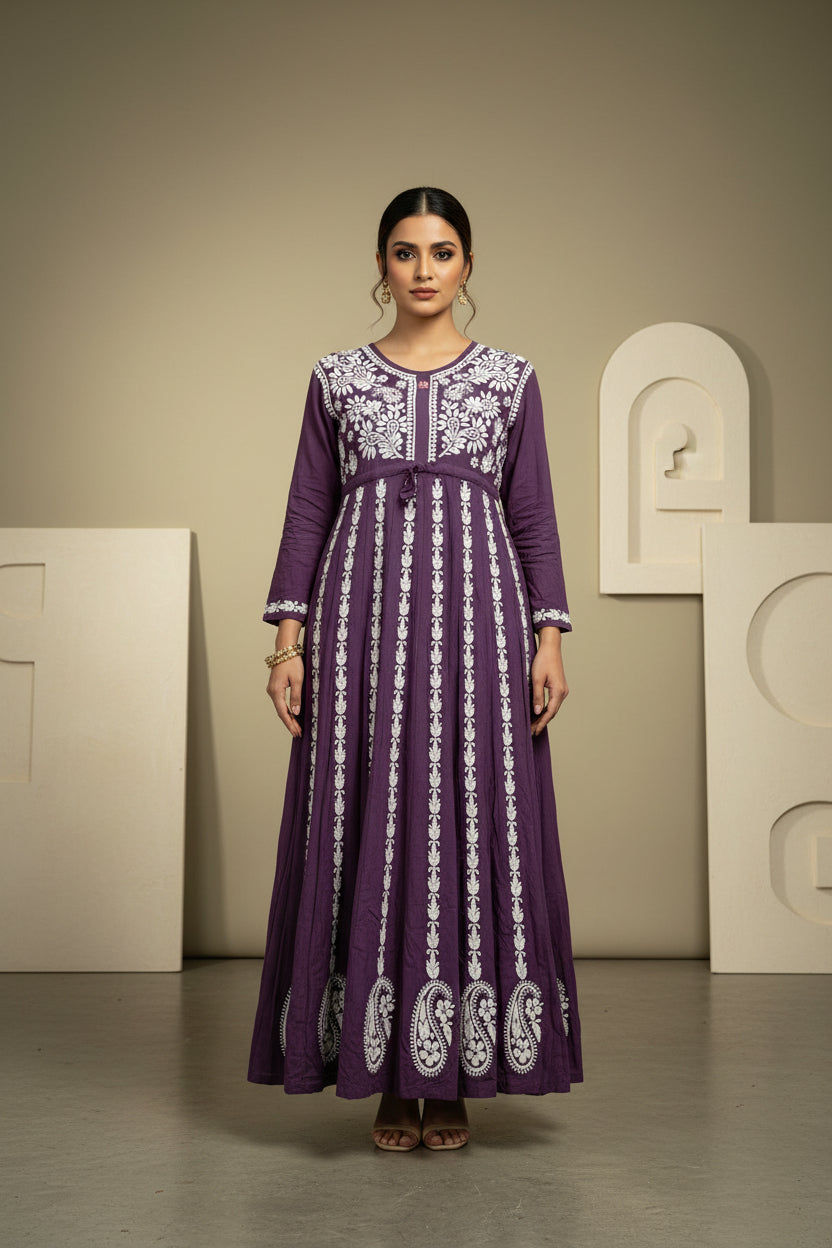 purple chikankari hand embroidered Aanarkali long dress front view.