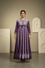 purple chikankari hand embroidered Aanarkali long dress front view.