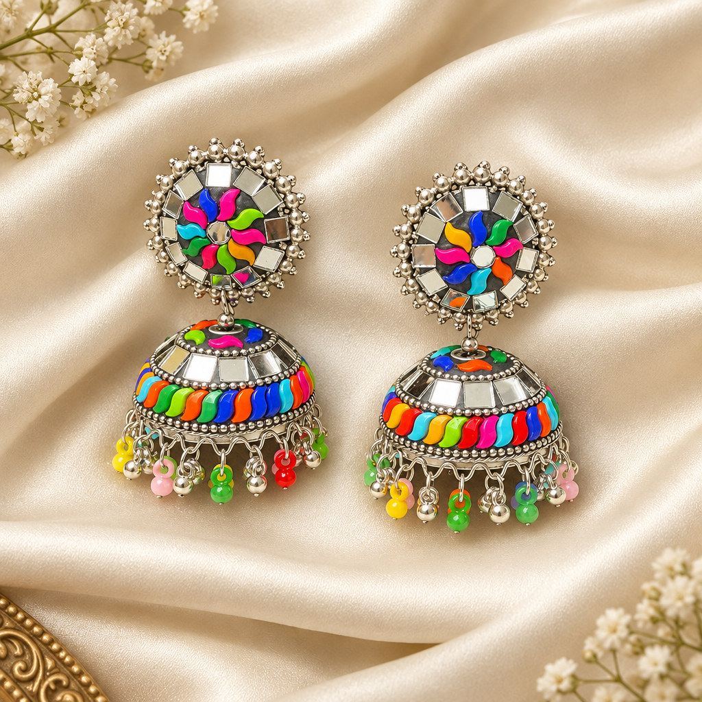 A pair of Famaza Couture multi-coloured plastic and mirror work oxidised jhumka earrings are lay on the silk floor.