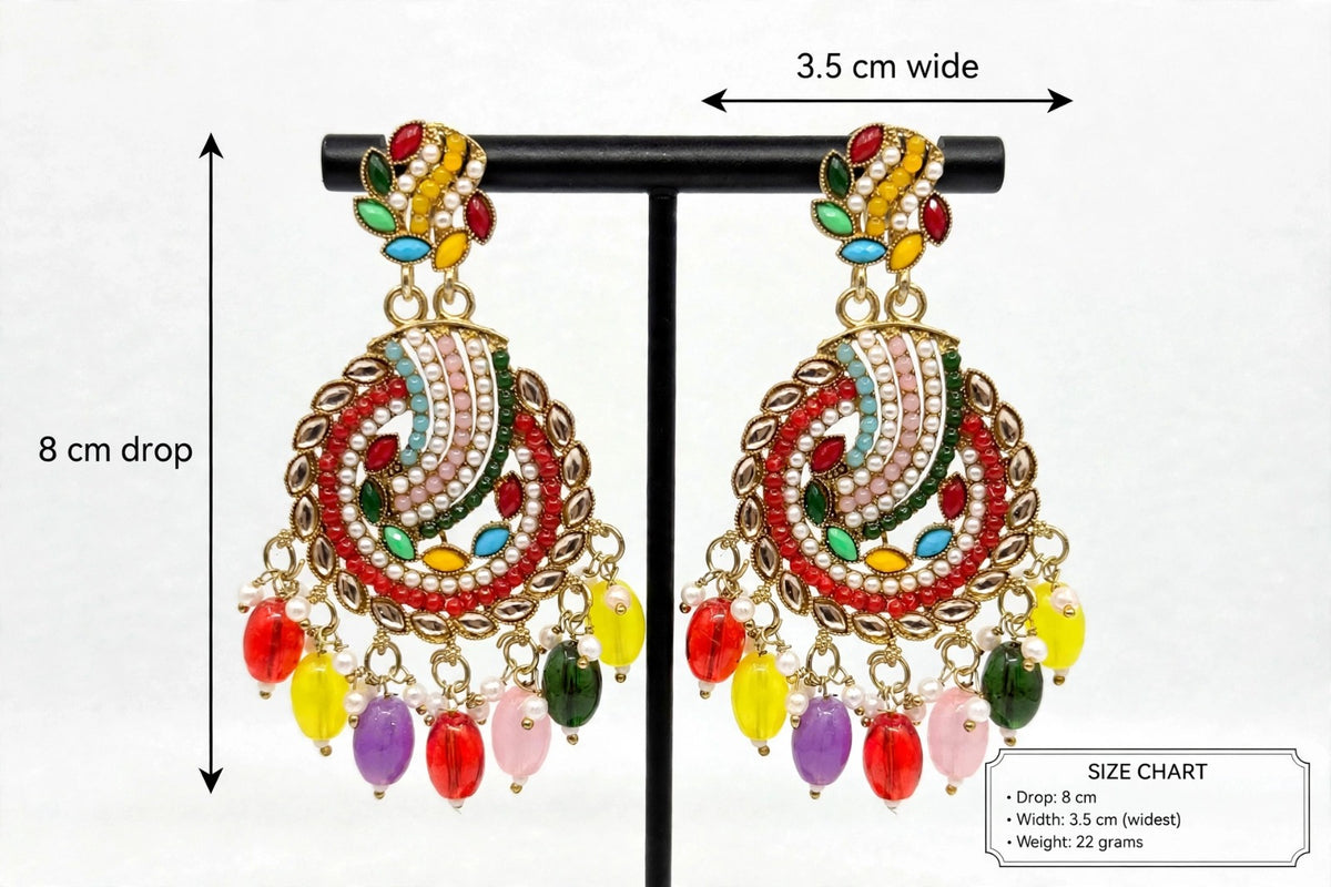 Multicolour chandbali earrings with a size guide showing an 8 cm drop, 3.5 cm width and 22 g weight.