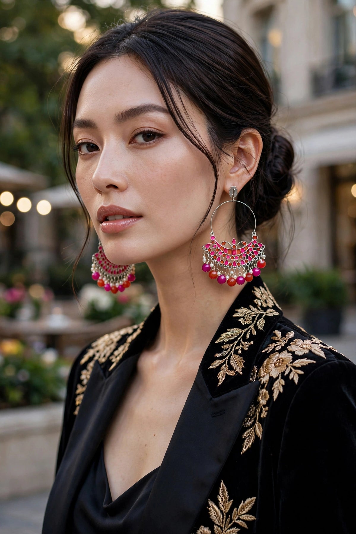 A woman wearing large, ornate huggie hoop earrings with pink and gold beaded fringe, paired with a black embroidered top in an outdoor setting.