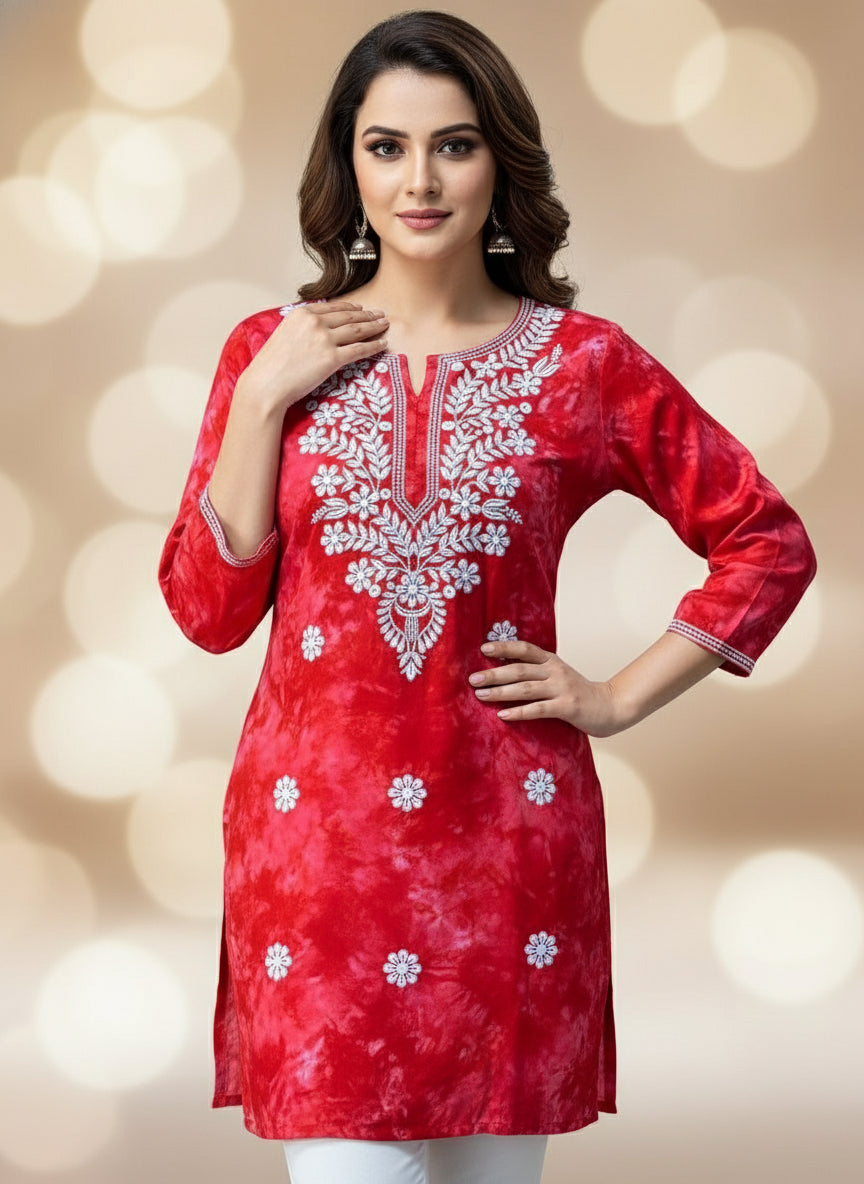 red short kurti in tie & dye style with white machine embroidery by famaza couture