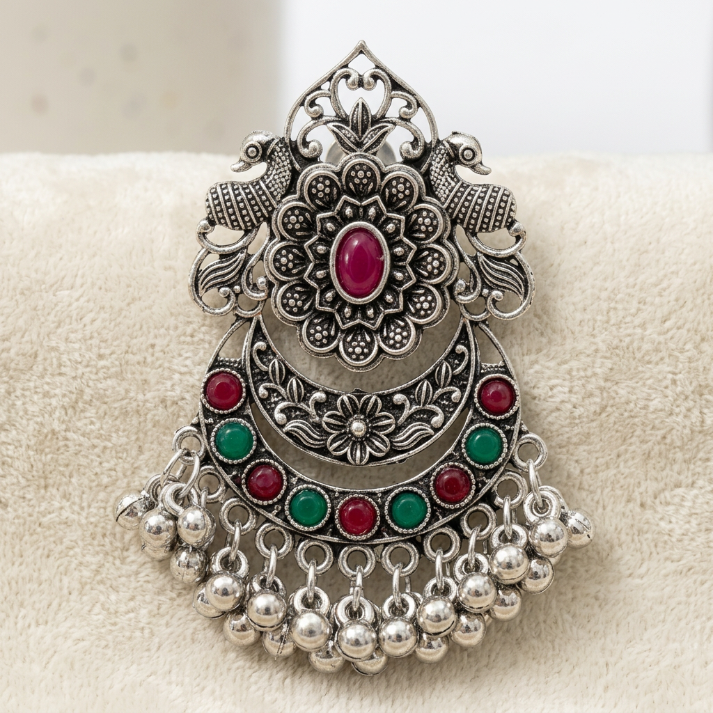 Close-up of a single Regal Bloom silver-toned chandbali earring with a central red stone, green and red accent stones, and dangling silver beads