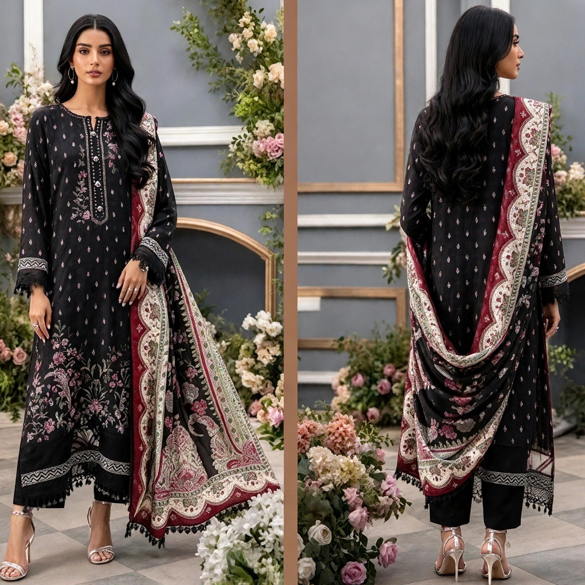 Front and back views of Rosalie black floral Dhanak suit with matching trousers and a maroon-and-cream paisley shawl.