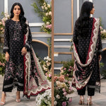 Front and back views of Rosalie black floral Dhanak suit with matching trousers and a maroon-and-cream paisley shawl.