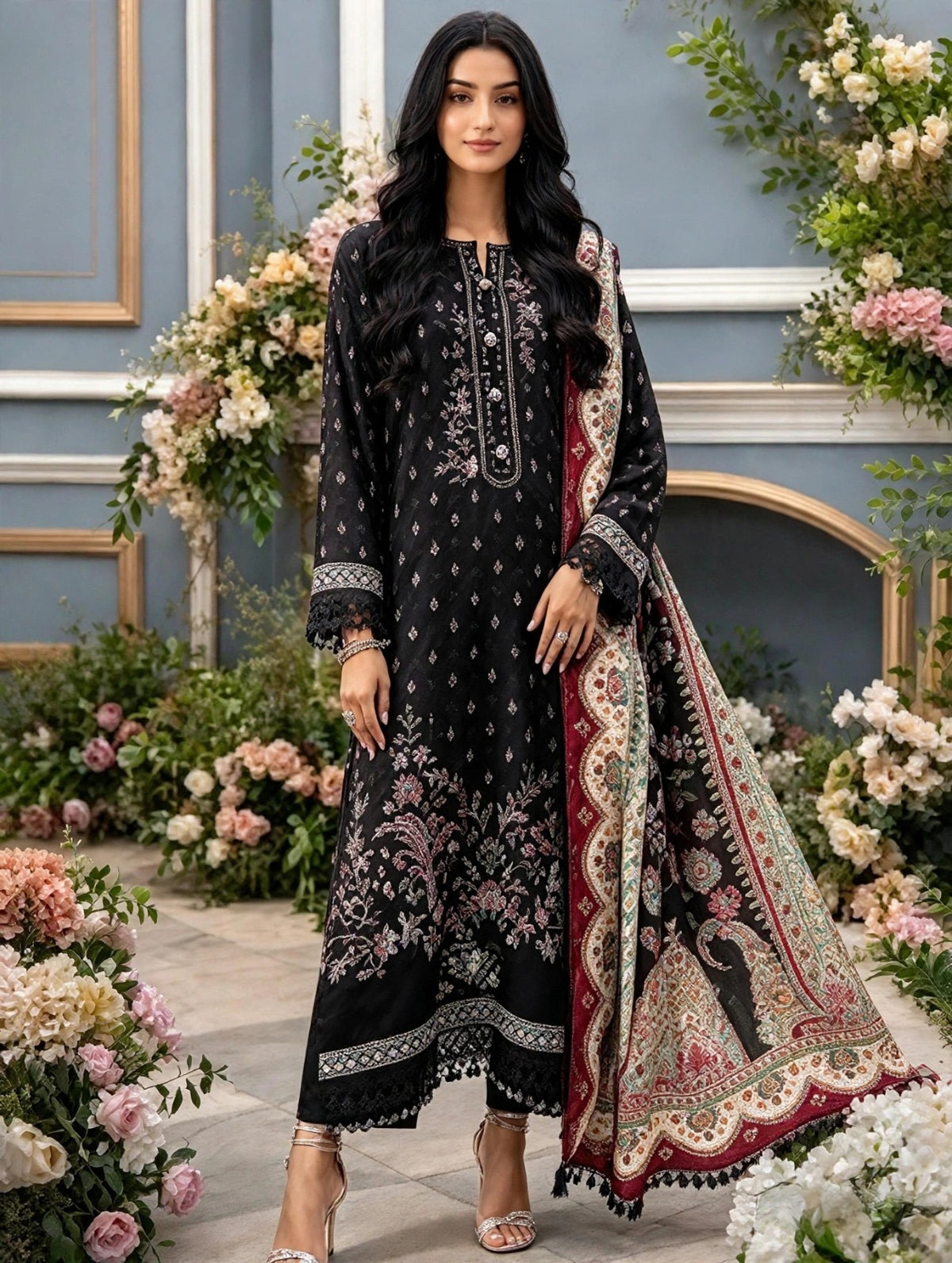Front view of Rosalie black floral Dhanak Pakistani 3-piece suit with straight trousers and a maroon-and-cream shawl