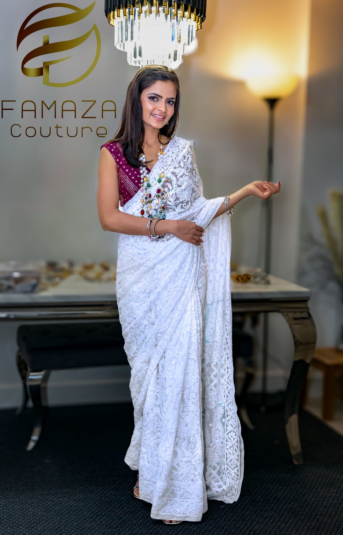 Full view of Chikankari georgette saree with jaal embroidery