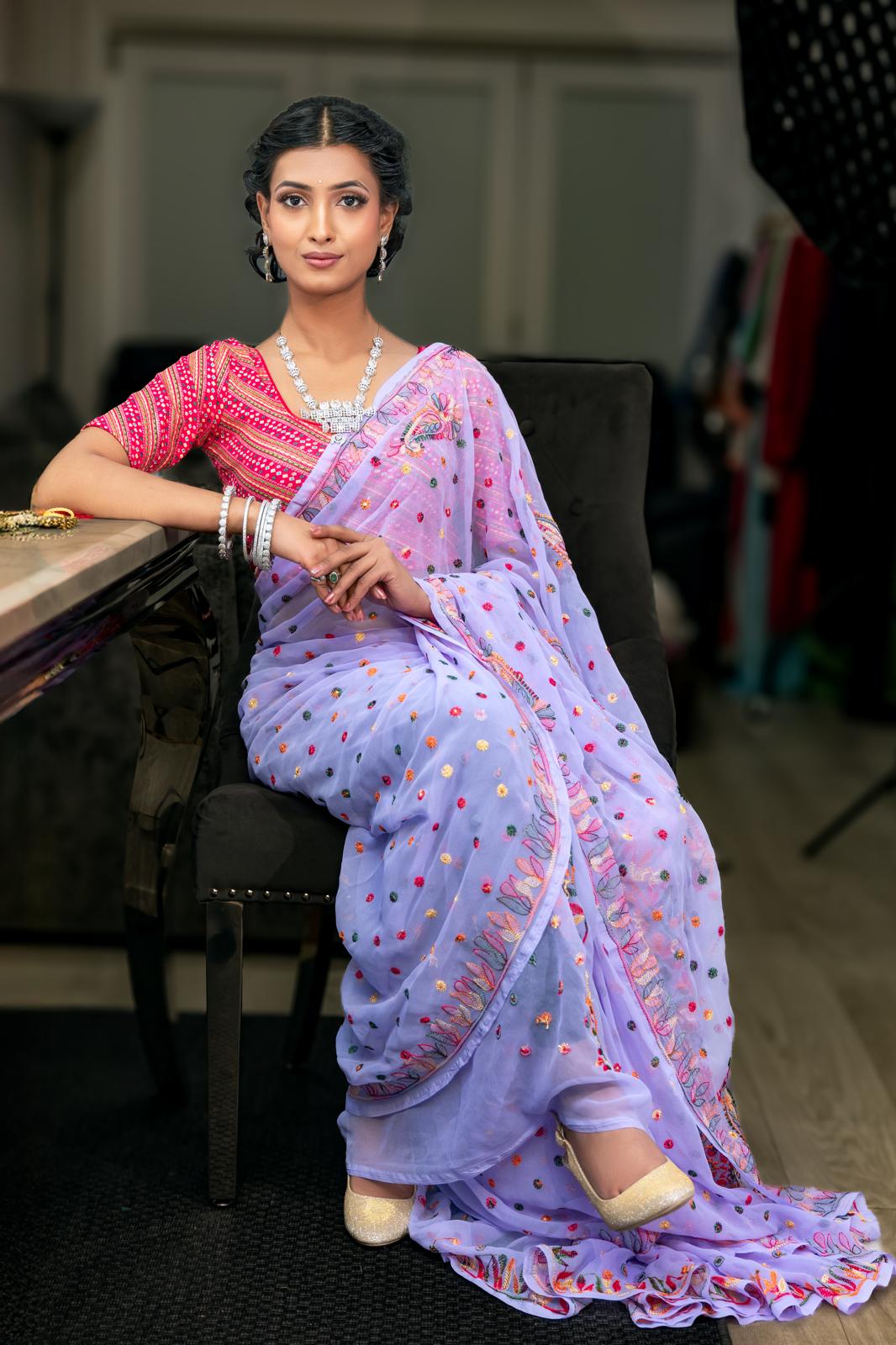 Georgette Saree with chikankari Keel Jaal Embroidery – Elegant Palla Work | Famaza Couture