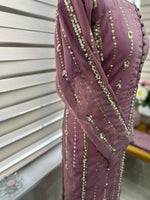 Side detail of the Shan-e-Sheeba lavender chiffon suit showing sequins, floral embellishments and a decorated dupatta border