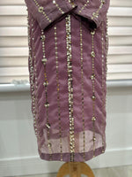 Front of the Shan-e-Sheeba lavender shirt on a mannequin, showing folded sleeves, vertical sequin detailing and floral embellishments.