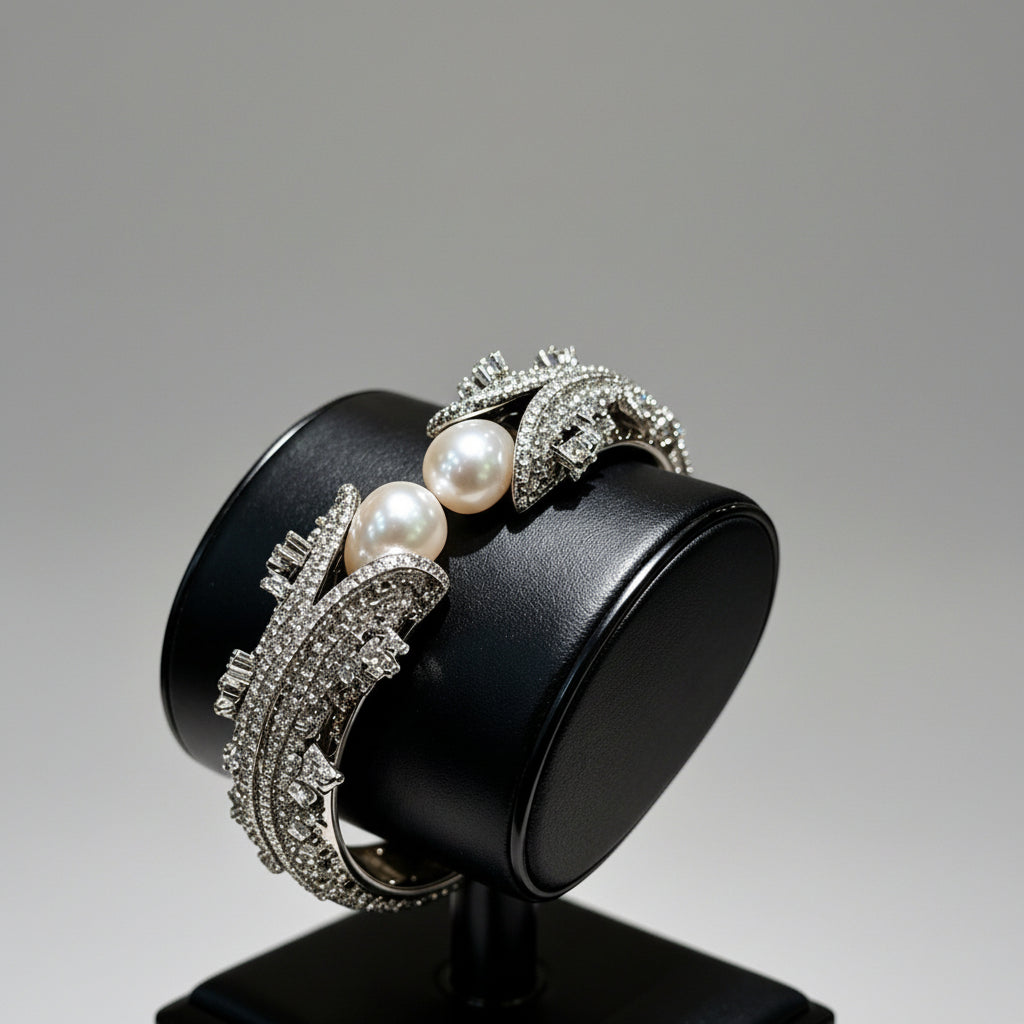 Famaza Couture Silver Crystal & White Pearl Luxury Bangle Bracelet — displayed on sleek black jewelry stand, showcasing pave crystals and white pearls.