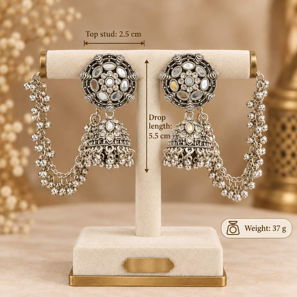 Bahubali jhumka earrings on a stand labelled with a 5.5 cm drop, 2.5 cm top stud and 37 g weight.