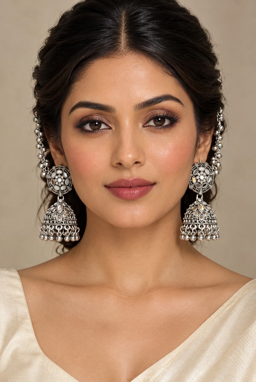 Oxidised silver-tone Bahubali jhumka earrings with mirror-work and Sahara chains worn by a model.
