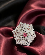 Close-up of Elegant Silver & Pink American Diamond Ring — Luxury Collection by Famaza Couture, snowflake halo design with marquise-cut stones and vibrant pink center, resting on burgundy satin fabric.