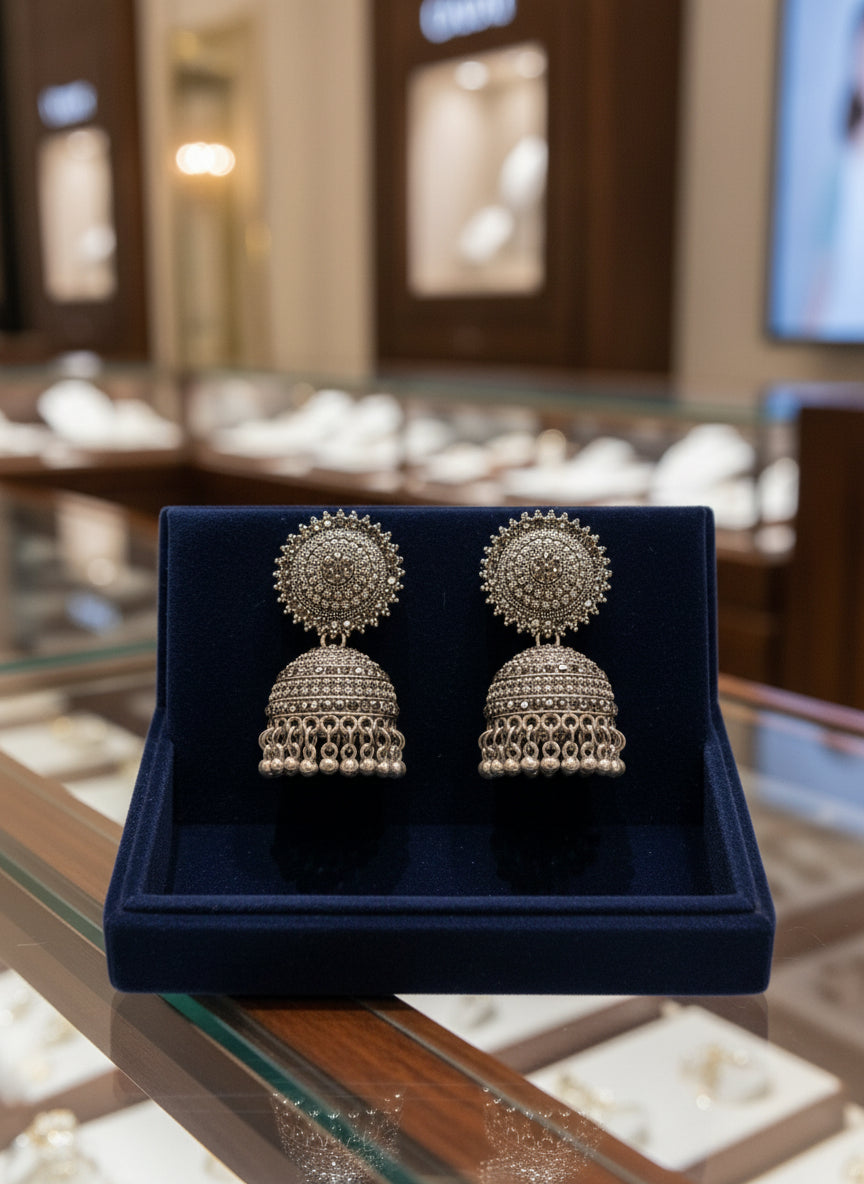 Close-up oxidised silver filigree earring drop design