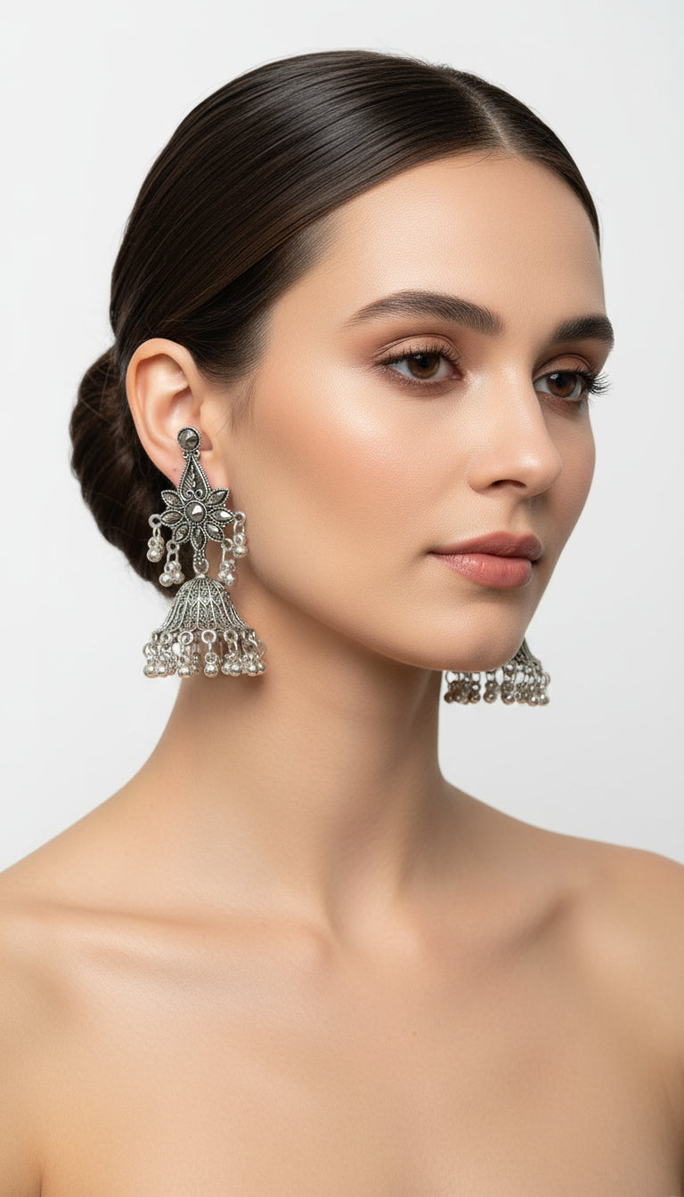 Side view oxidised jhumka earrings handcrafted intricate Indian tribal detailing