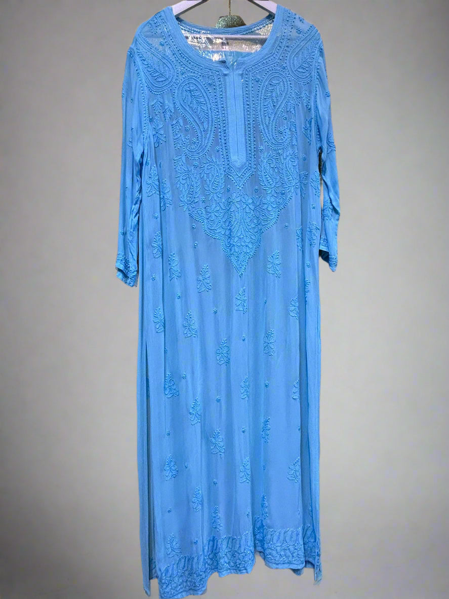sky blue chikankari viscose long kurti