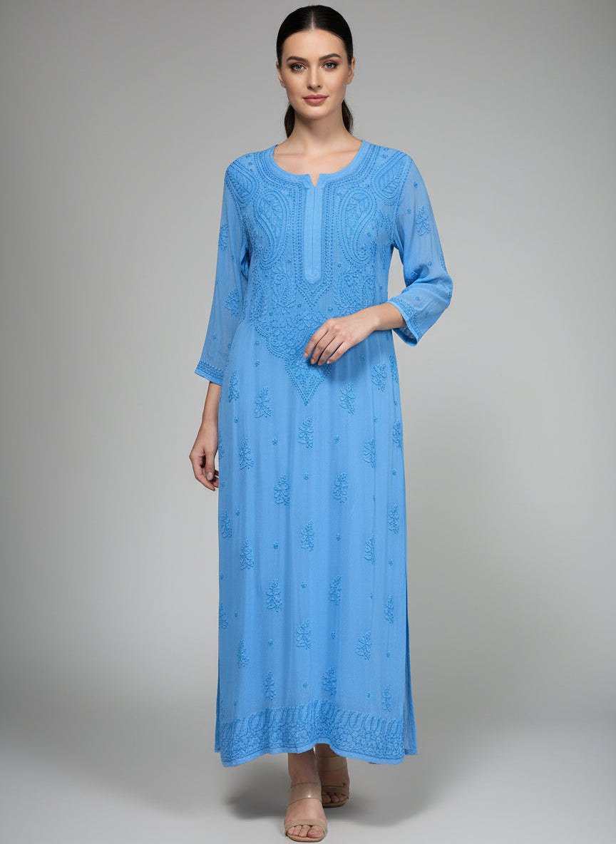 sky blue chikankari viscose long kurti