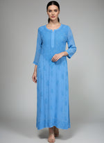sky blue chikankari viscose long kurti