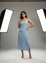 sky blue Chikankari muslin fabric noodle dress with hand embroidery by famaza couture