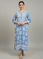sky blue colour modal fabric 46 inches long kurti with white hand embroidery on all over the kurti and sleeves.