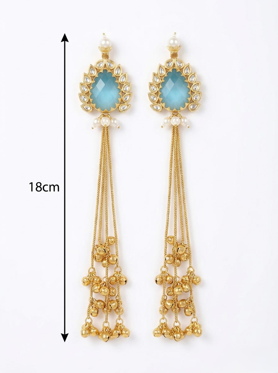 sky blue stones in the top studs and 18.5cm drop long earrings with golden nano bells hanging in the bottom.
