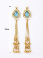 sky blue stones in the top studs and 18.5cm drop long earrings with golden nano bells hanging in the bottom.