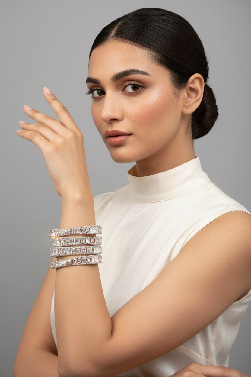 AD Square Cut Silver Wedding Bangles - Cubic Zirconia Bridal Jewellery
