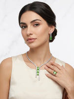 The Sovereign Peridot Emerald-Cut High Jewellery Set by Famaza Couture, featuring a rhodium-plated peridot green and American Diamond necklace and matching earrings.