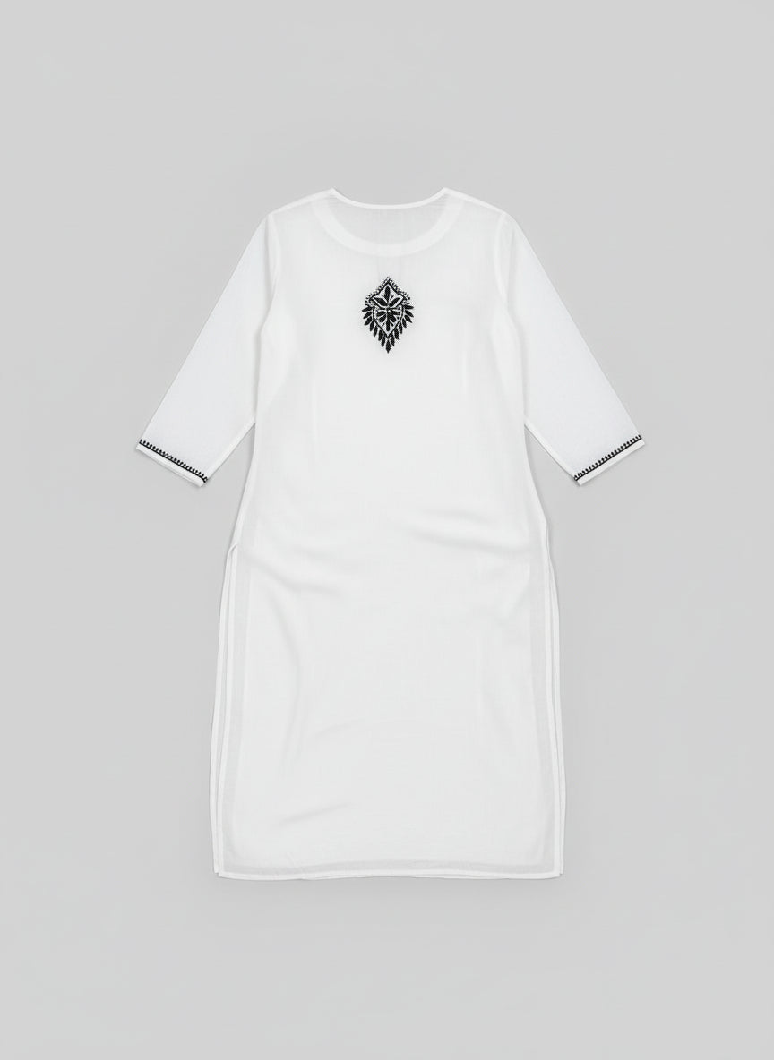 the back side of the white long kurti is displayed with black coloured embroidery is showing onkurti