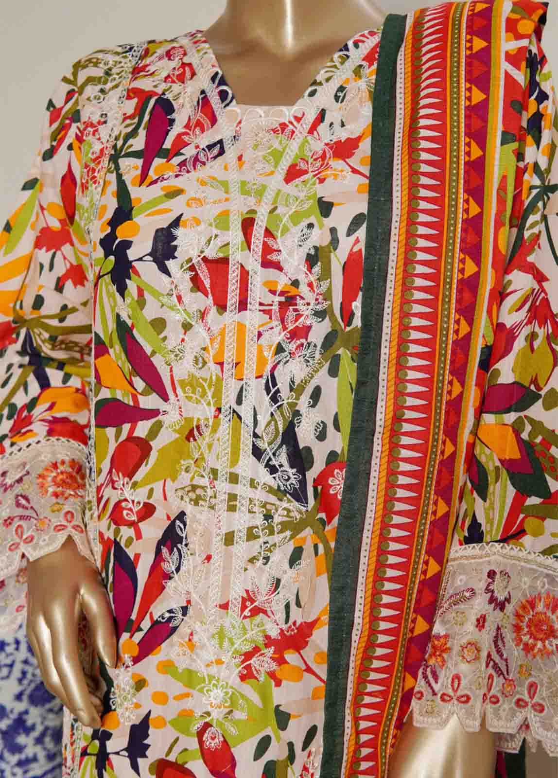 Colourful thread work embroidery on Pakistani party wear khaddar suit