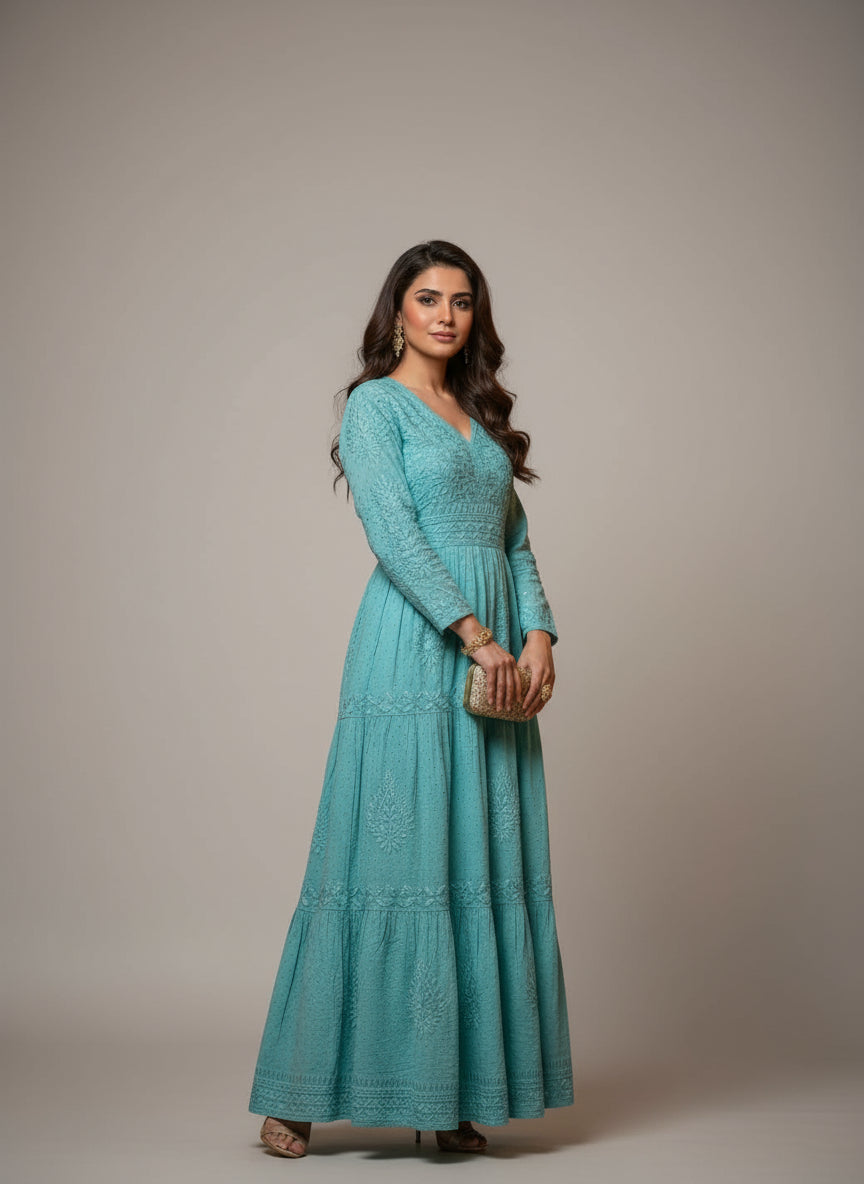 turquoise colour dobby cotton long dress