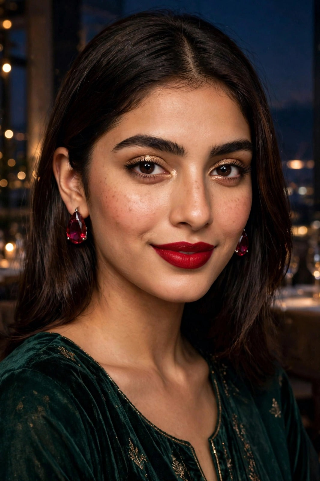 Model wearing ruby red teardrop crystal stud earrings with a green outfit