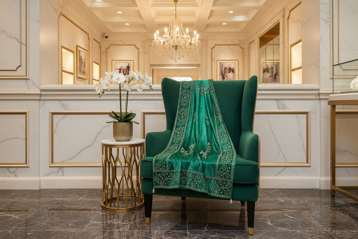 Bottle green velvet scarf displayed on a chair, showing decorative borders and scattered motifs.