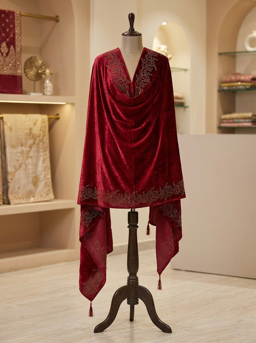 velvet stole Maroon colourwith golden stones work all over the stoles.