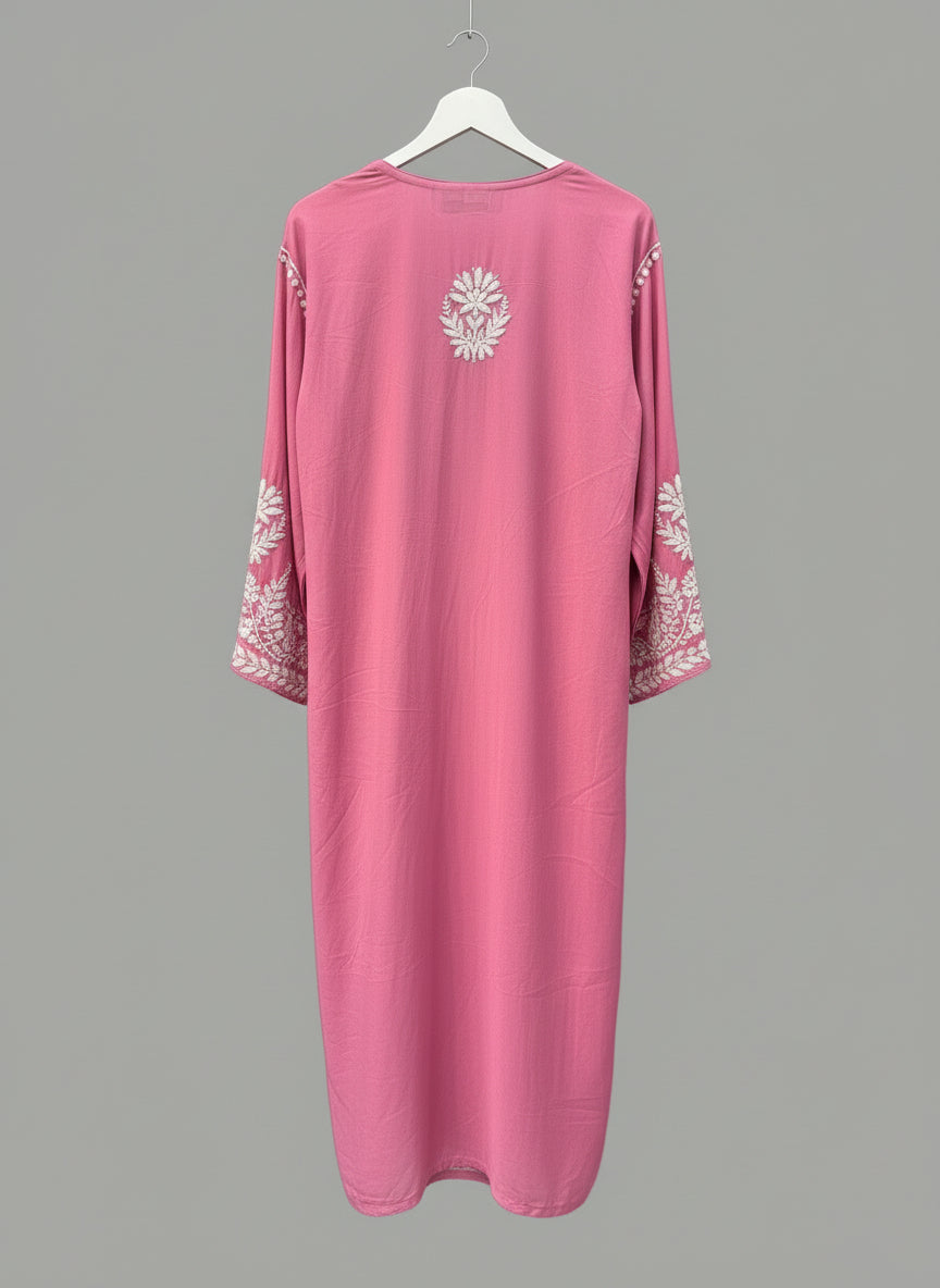 watermelon pink colour chikankari plus size kurti rear view