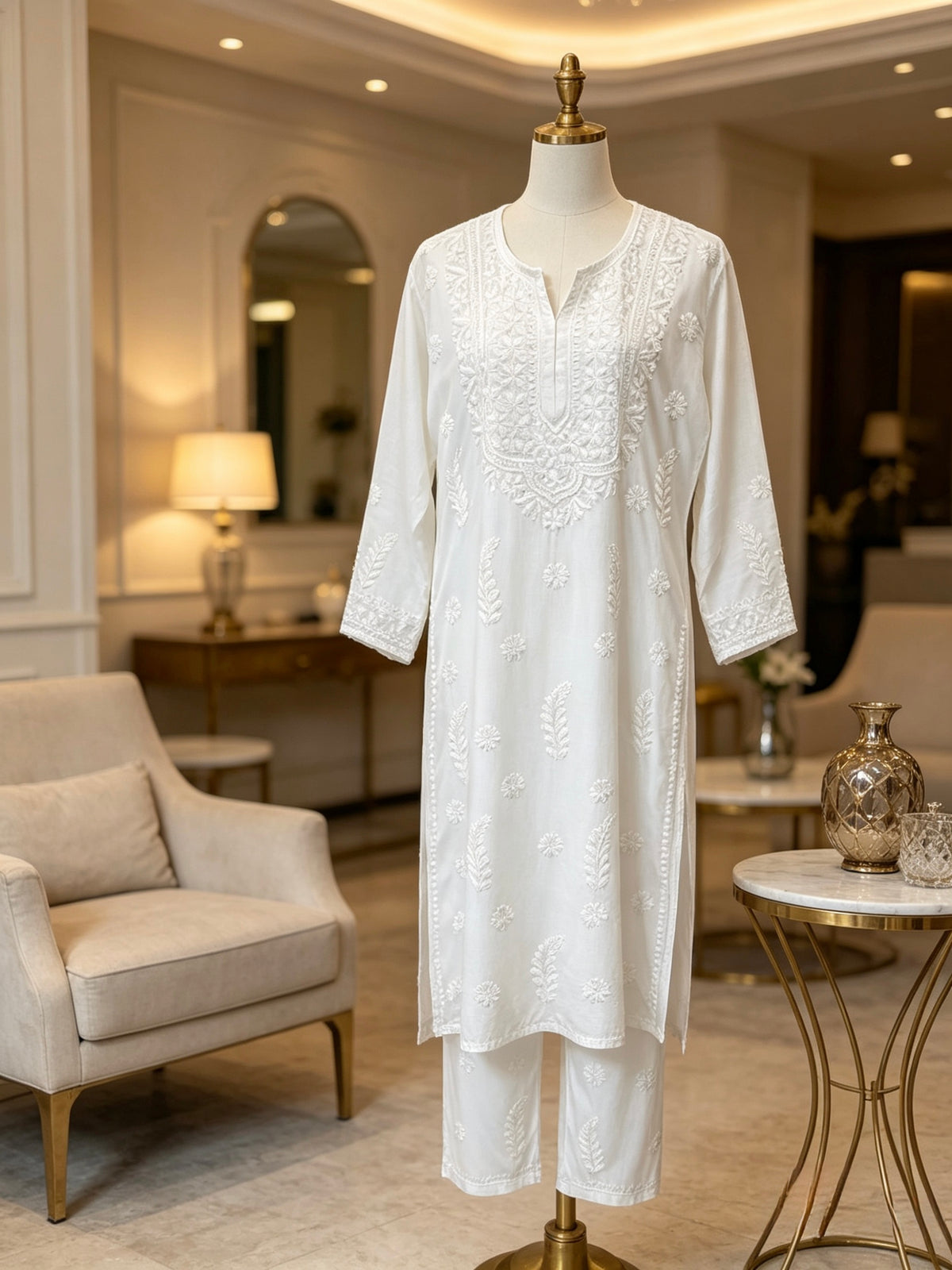 Tailored white rayon trousers featuring premium hand-crafted Chikankari embroidery running down the hemline, part of a 2pc co-ord set.