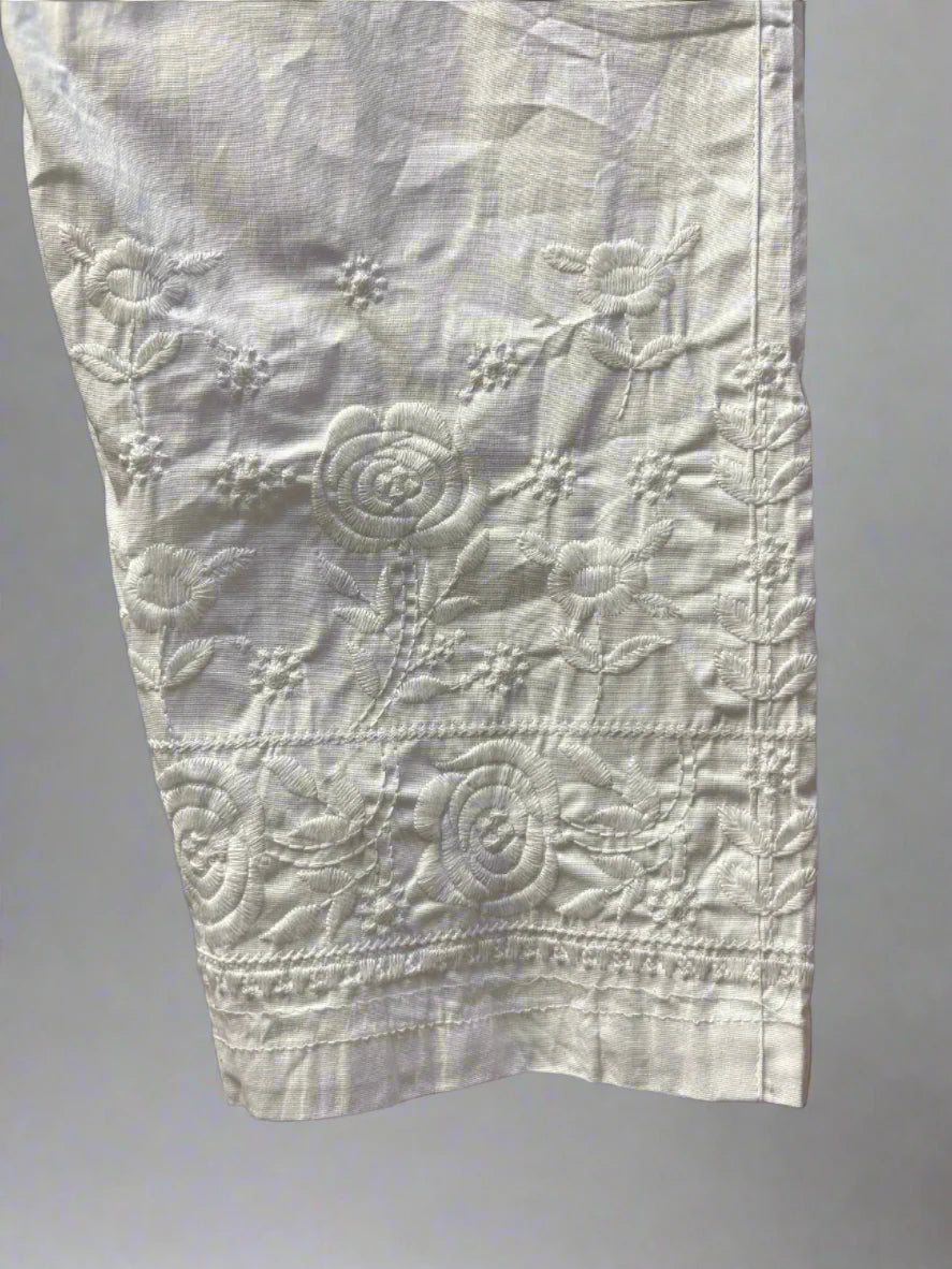 White Embroidered Plus size Cotton Pants embroidery detail close up of bottom