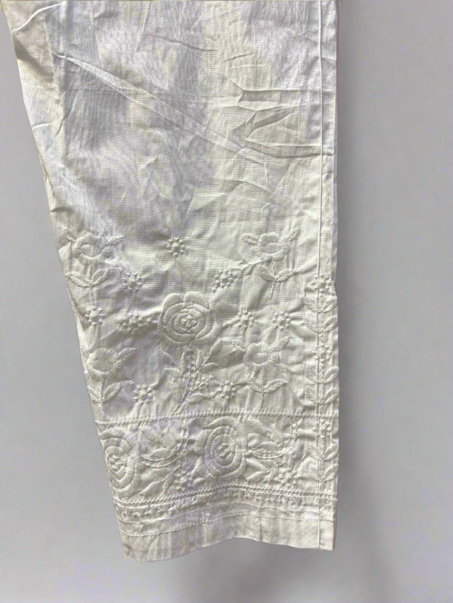 White Embroidered Plus size Cotton Pants embroidery detail close up