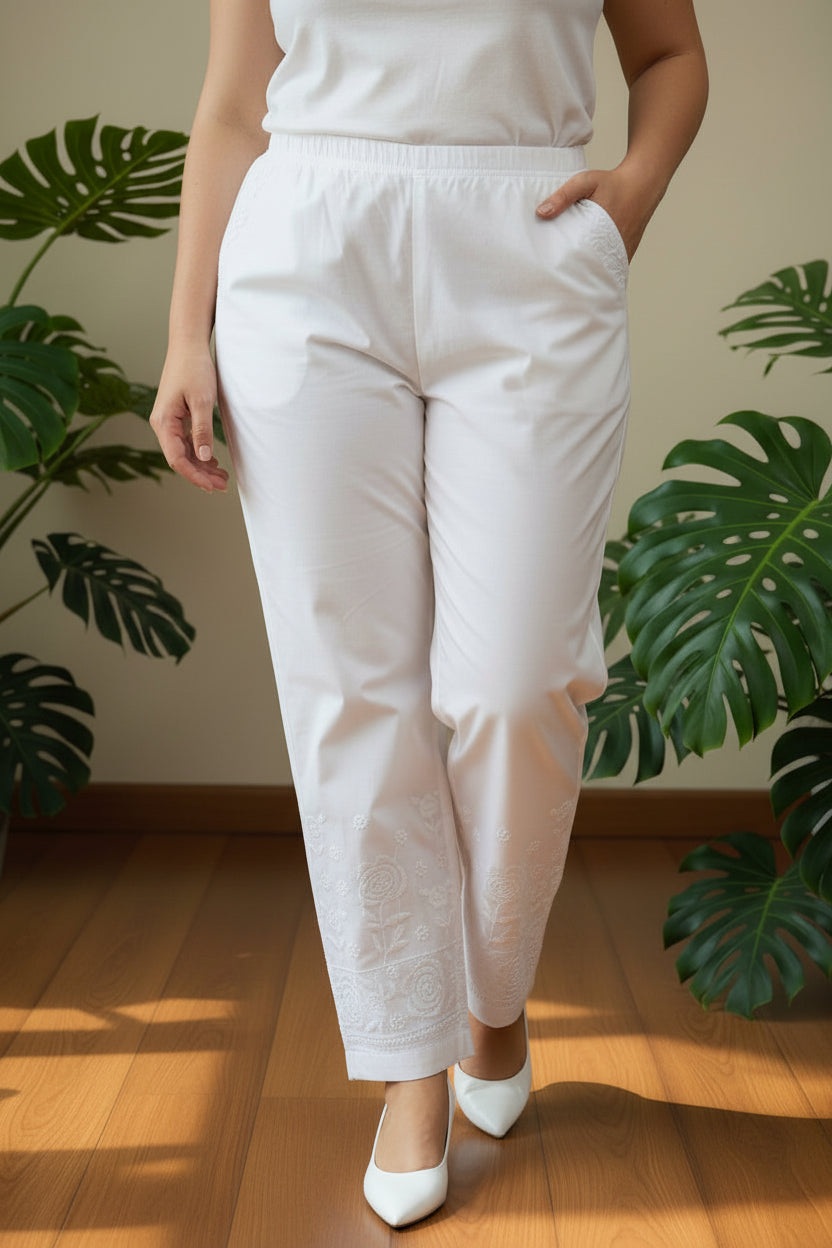 White Embroidered Plus size Cotton Pants