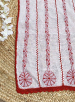white with red kota doriya duppata embroidery close up