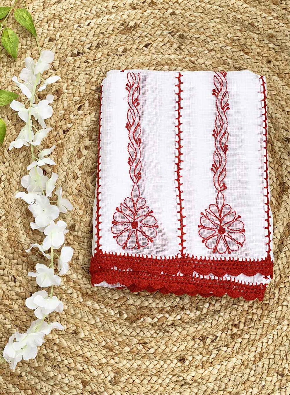 white with red kota doriya embroidery duppata