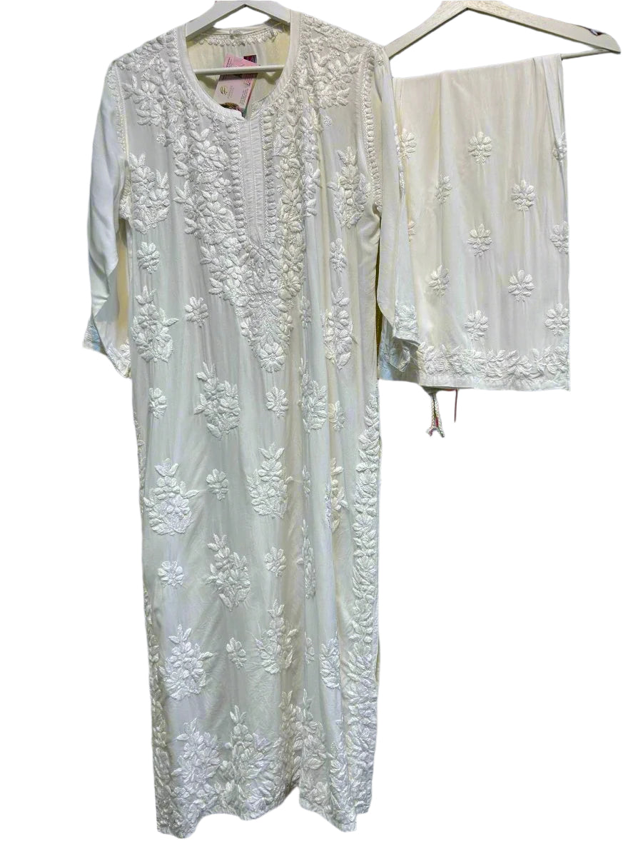 white Chikankari Kurti with Palazzo Pants Set Famazacouture